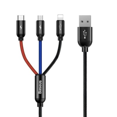 Cablu de date/incarcare, Baseus 3 In 1, USB A - Type-C, Lightning, Micro USB, 3A, 1.2m, Negru, CAMLT-BSY01