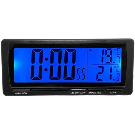 Ceas, termometru interior/exterior, auto, 12V, afisaj LCD, albastru - T08